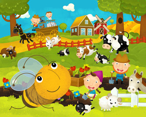 Obraz na płótnie Canvas cartoon happy and funny farm scene with happy and funny flying bee - illustration for children