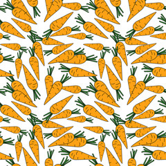Seamless pattern with hand drawn carrot on white backdrop.Food texture background for wallpaper, textile, web page backdrop, farm market, food packaging design