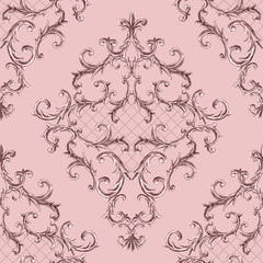 Baroque golden elements ornamental seamless pattern. Watercolor hand drawn gold element texture on pink background.