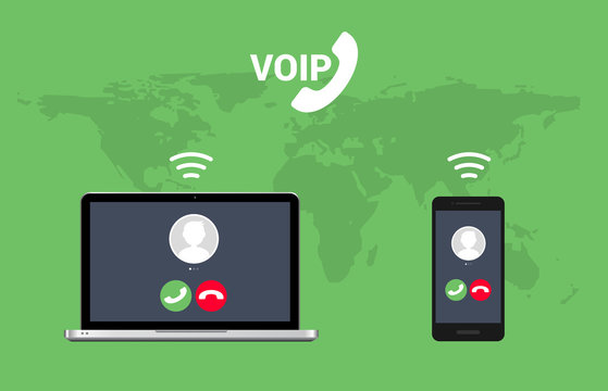 Voip Call System Voice Phone Technology. Voice Over Ip Internet Video Telephony Data Cloud Laptop And Mobile Cellphone