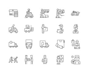 Delivery man line icons, linear signs, vector set, outline concept illustration
