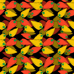 Hand drawn bell red and yellow peppers seamless pattern on black background. Vegetarian food concept