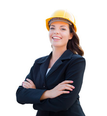 Smiling Female Contractor In Hard Hat Isolated On White