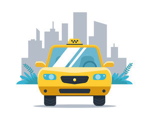 Obraz na płótnie Canvas Yellow taxi car on the background of the city.