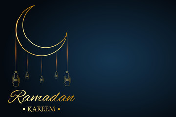 Golden Islamic moon and hanging lamps, ramadan kareem written with black background, vector