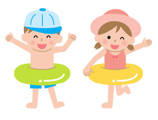 水着の男の子と女の子　浮き輪
