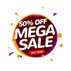 Mega Sale 50 percent speech bubble banner sign. Discount tag design template. Business label promo offer