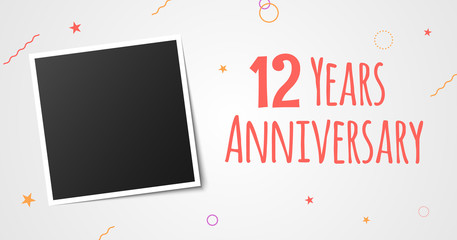 12 years anniversary photo frame card. 12th year anniversary vector elegant template design