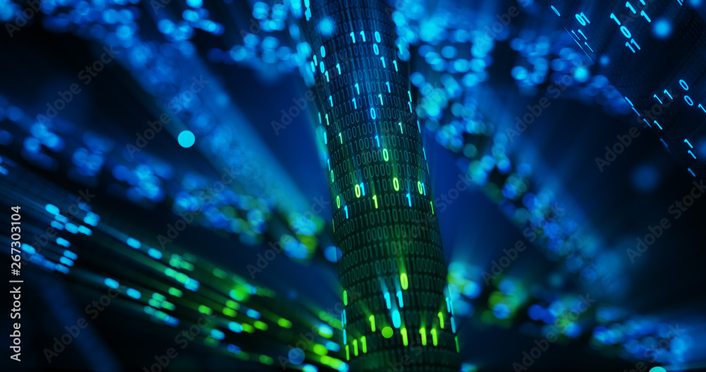 Poster Futuristic data stream, Digital flow. Dynamic pattern with power rays and light.Data transferring. Information concept. Technology background. 3D rendering
