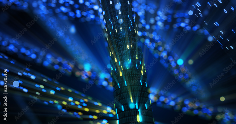 Poster Futuristic data stream, Digital flow. Dynamic pattern with power rays and light.Data transferring. Information concept. Technology background. 3D rendering