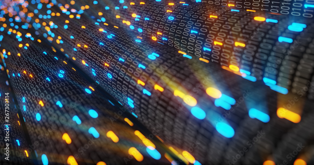 Poster abstract blue and orange digital binary code matrix background with flare. futuristic big data infor