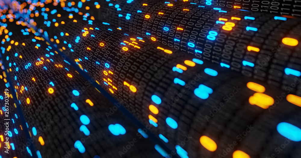 Poster abstract blue and orange digital binary code matrix background with flare. futuristic big data infor