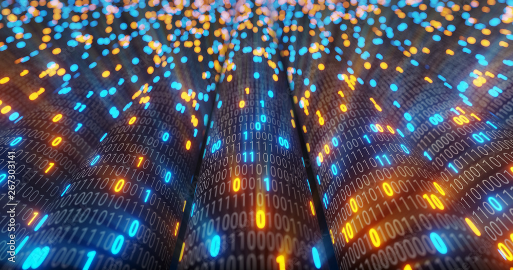 Poster abstract blue and orange digital binary code matrix background with flare. futuristic big data infor