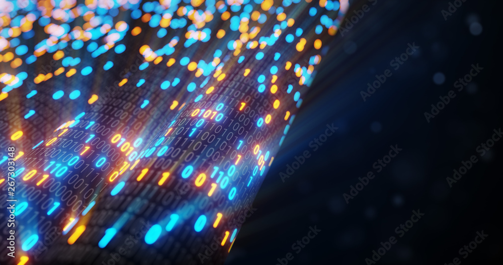 Poster abstract blue and orange digital binary code matrix background with flare. futuristic big data infor