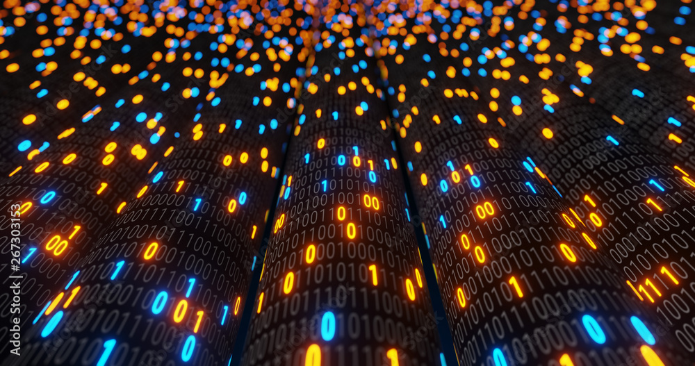 Poster abstract blue and orange digital binary code matrix background with flare. futuristic big data infor