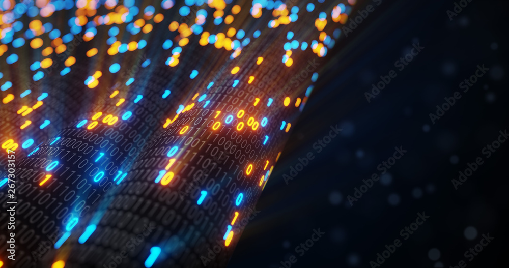 Poster abstract blue and orange digital binary code matrix background with flare. futuristic big data infor
