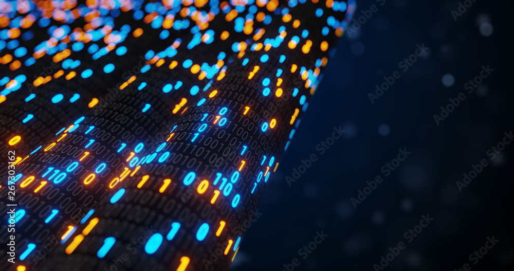 Poster abstract blue and orange digital binary code matrix background with flare. futuristic big data infor