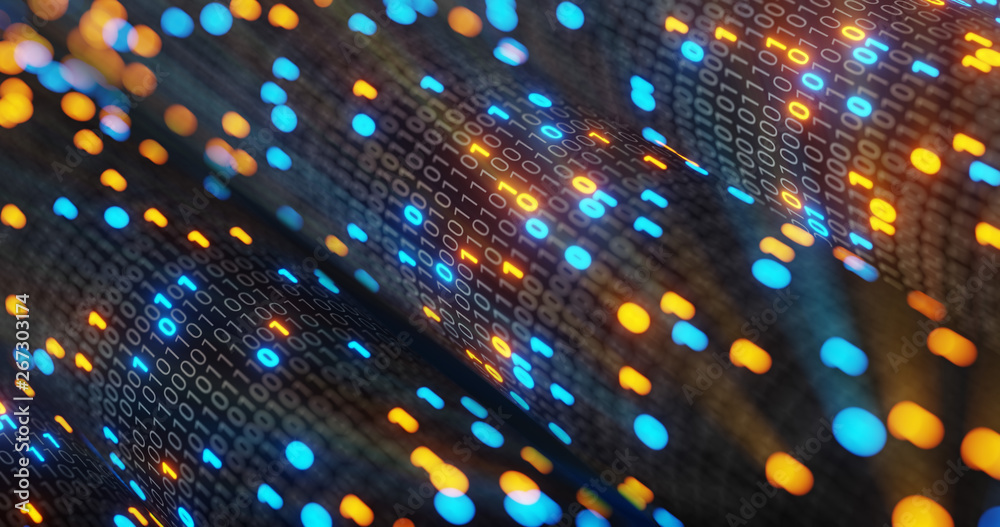 Poster abstract blue and orange digital binary code matrix background with flare. futuristic big data infor