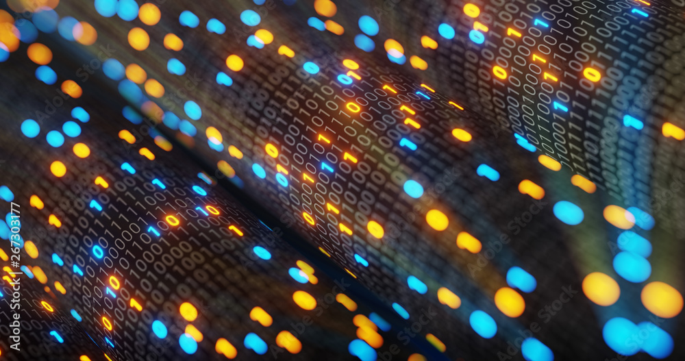 Poster abstract blue and orange digital binary code matrix background with flare. futuristic big data infor