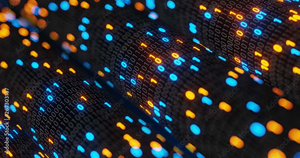 Poster abstract blue and orange digital binary code matrix background with flare. futuristic big data infor