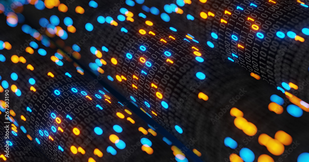 Poster abstract blue and orange digital binary code matrix background with flare. futuristic big data infor