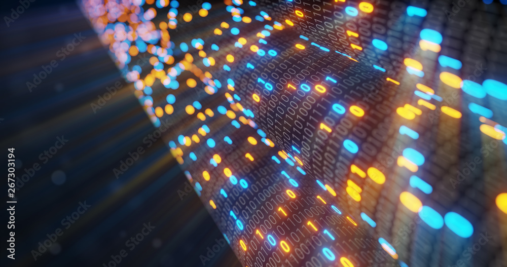 Poster abstract blue and orange digital binary code matrix background with flare. futuristic big data infor