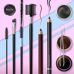Lash and Brow Bar. Accessories. Make up. Tools for care of the brows. Eyebrows pencil. Angle brush, tweezers and comb. Banner for professional makeup artist. Black wax seal. Vector