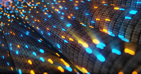 Abstract blue and orange digital binary code matrix background with flare. Futuristic Big data information technology, data center, block chain, server, internet, hi-speed. 3D rendering