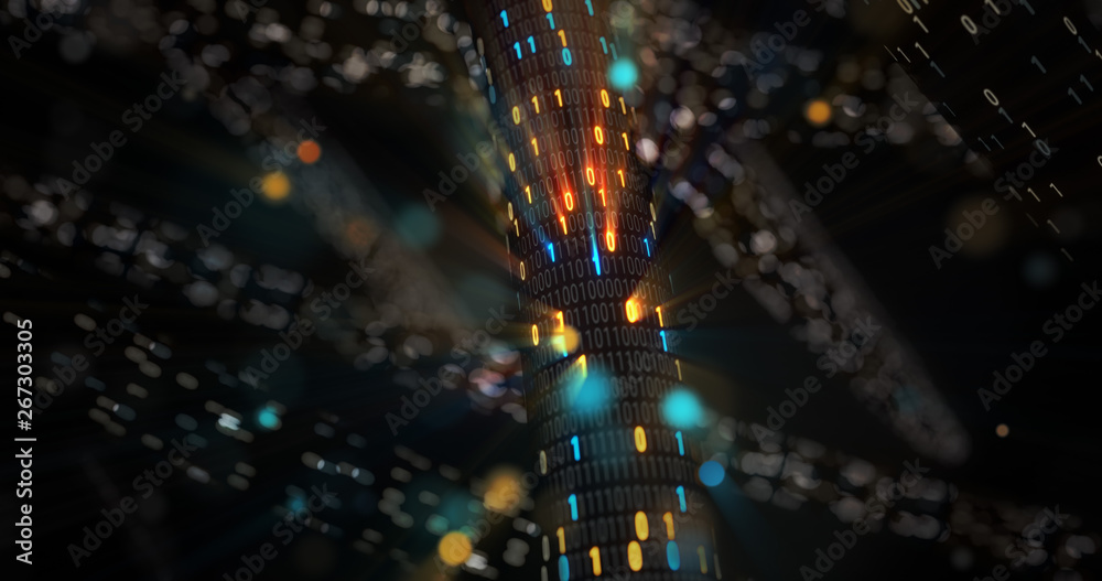 Poster abstract blue and orange digital binary code matrix background with flare. futuristic big data infor