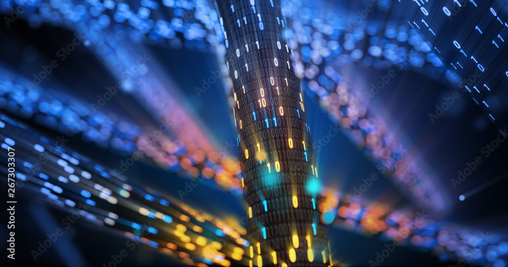 Poster abstract blue and orange digital binary code matrix background with flare. futuristic big data infor