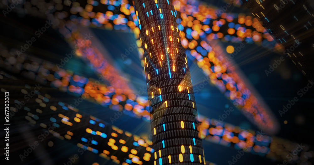 Poster abstract blue and orange digital binary code matrix background with flare. futuristic big data infor