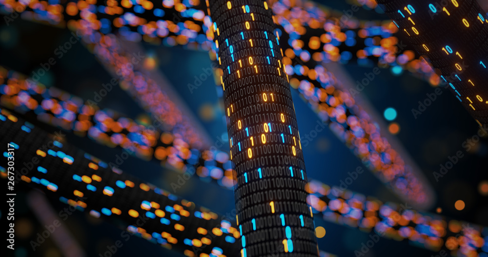 Poster abstract blue and orange digital binary code matrix background with flare. futuristic big data infor