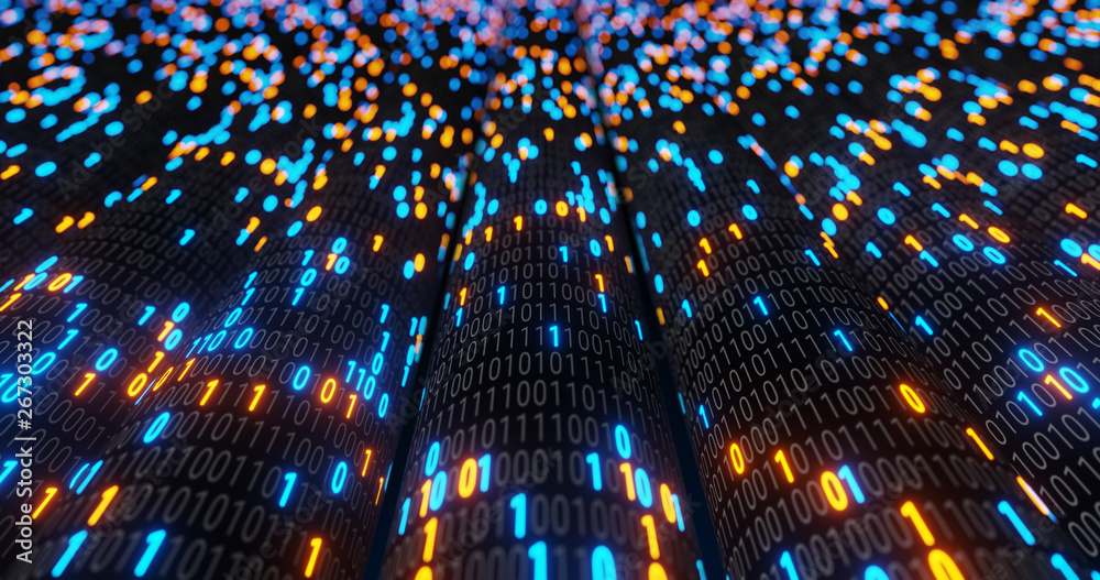 Poster abstract blue and orange digital binary code matrix background with flare. futuristic big data infor