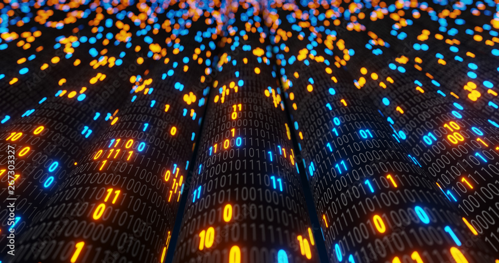 Poster abstract blue and orange digital binary code matrix background with flare. futuristic big data infor