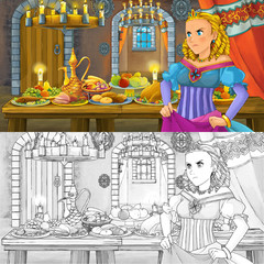Cartoon fairy tale scene with princess by the table full of food with coloring page sketch - illustration for children