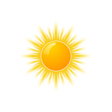 Realistic sun icon for weather design. Sunshine symbol happy orange isolated sun illustration