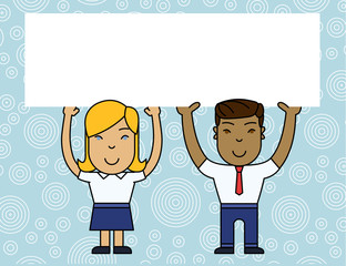 Two Smiling People Holding Big Blank Poster Board Overhead with Both Hands Copy Space design Empty template text for Ad, promotion, poster, flyer, web banner, article