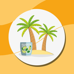 trees palms beach scene with lemonade cocktail