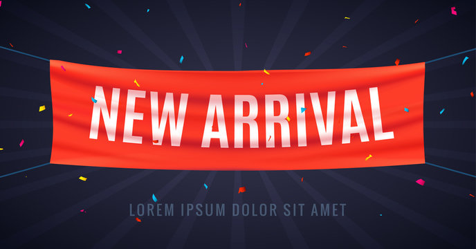 New arrival sale banner location promotion. Graphic template red flag with product sale