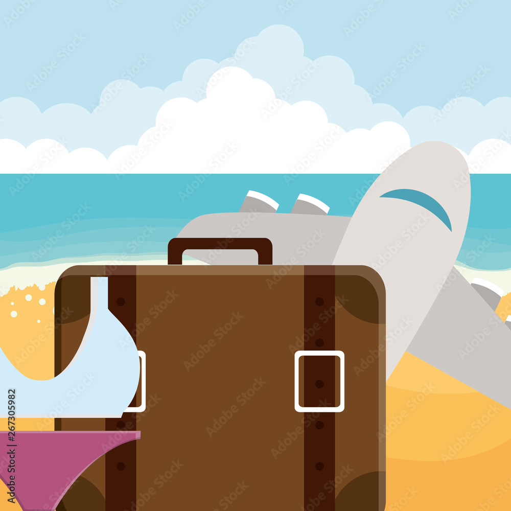 Sticker suitcase travel vacations with swimsuit and airplane