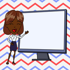 White Female in Standing Pointing Blank Screen Whiteboard Presentation Design business concept Empty copy text for Web banners promotional material mock up template