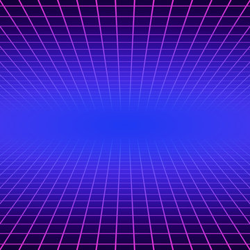 Synth wave retro grid background. Synthwave 80s vapor vector game poster neon futuristic laser space arcade