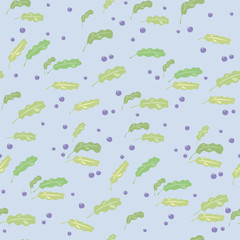 Fototapeta na wymiar Light vector seamless pattern with horizontal oak green leaves with glitter and blue blueberry berries on a light blue background.