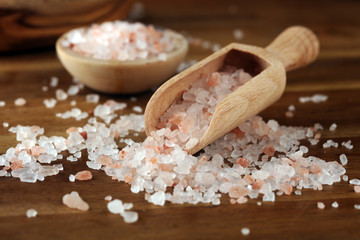 Natuaral cosmetics with pink himalayan spa salt. Sea bath salt for healthy spa relaxation