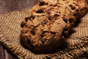 Chocolate cookies on wooden table. Chocolate chip cookies shot very delicious