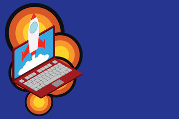 Rocket launching clouds laptop background. Startup project growing. SEO Design business concept. Business ad for website and promotion banners. empty social media ad