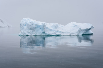 Sculptural iceberg shrouded in fog and floating in the waters of Antarctica