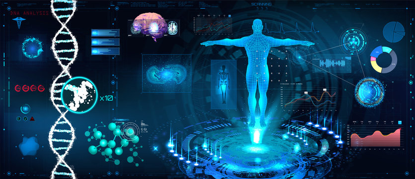 Healthcare futuristic scanning in HUD style design, Human body, organs and brain scan with pictures. Hi-tech elements. Virtual graphic touch HUD UI with illustration of DNA formula and data chart 