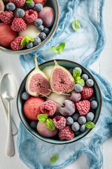 Homemade ice cream sorbet with mix of summer fruits