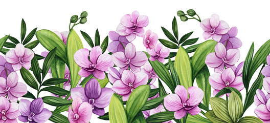Seamless Border of Watercolor Orchids